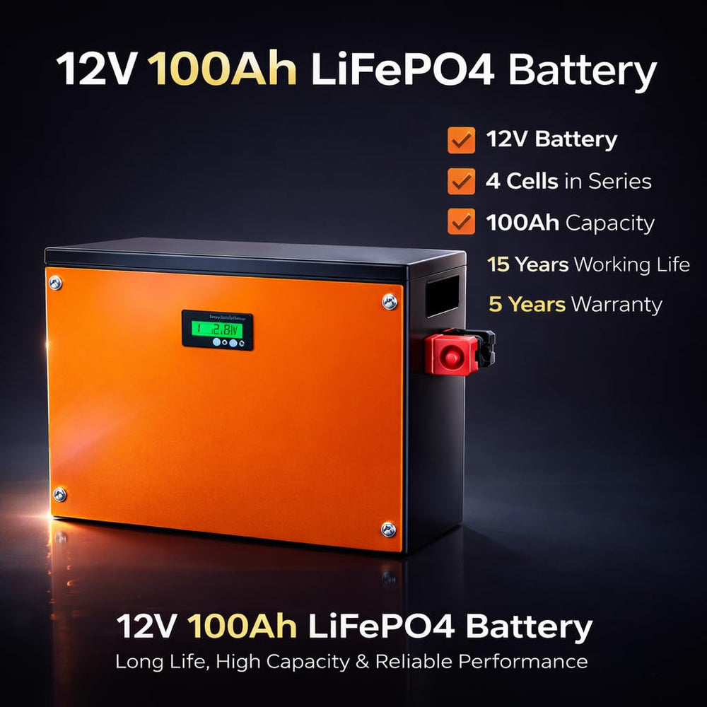 12V 100Ah LiFePO4 Battery | 4 Cells in Series | Built-in BMS with Passive Balancing | Long Life 15 Years | 5-Year Warranty | Solar, Inverter & Backup Power