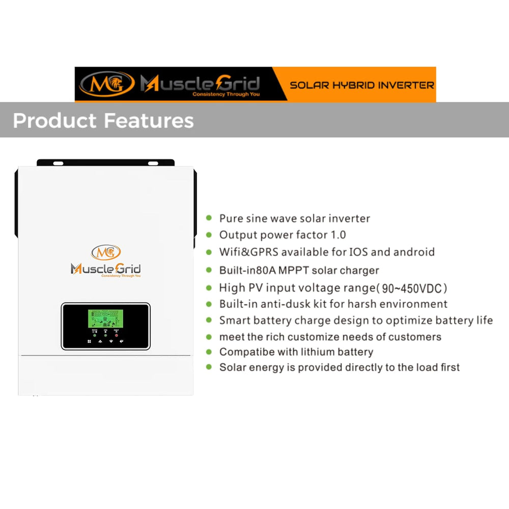 MuscleGrid 3KW 24V True Off-Grid Solar Inverter (3200VA) | Pure Sine Wave | Inbuilt MPPT | Transformerless | Supports LiFePO4 Battery | WiFi Monitoring App for Android & iOS | Heavy Duty | White