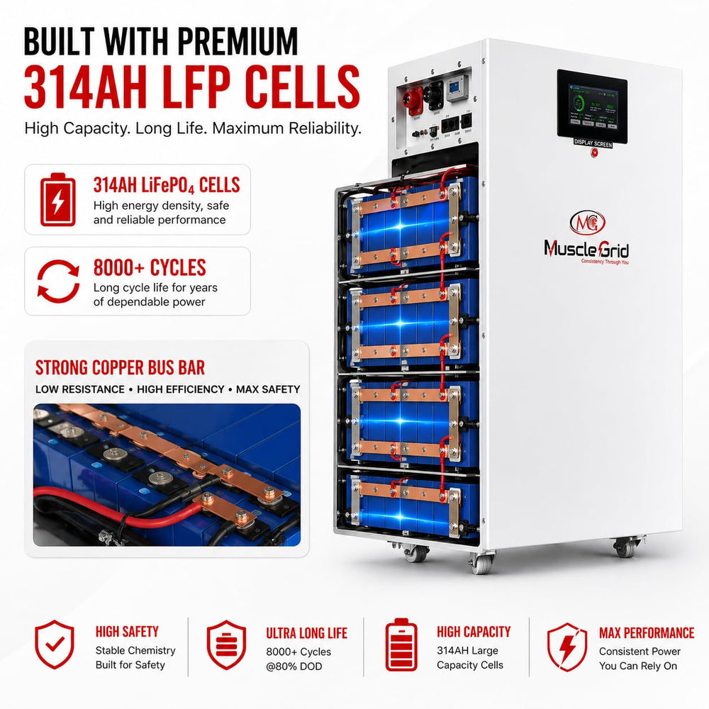 MuscleGrid 51.2V 314Ah LiFePO4 Battery Pack with JK BMS | 200A Charge / 350A Discharge | Touch Screen Display | 8000 Cycles | Smart CRM Monitoring | Energy Storage System