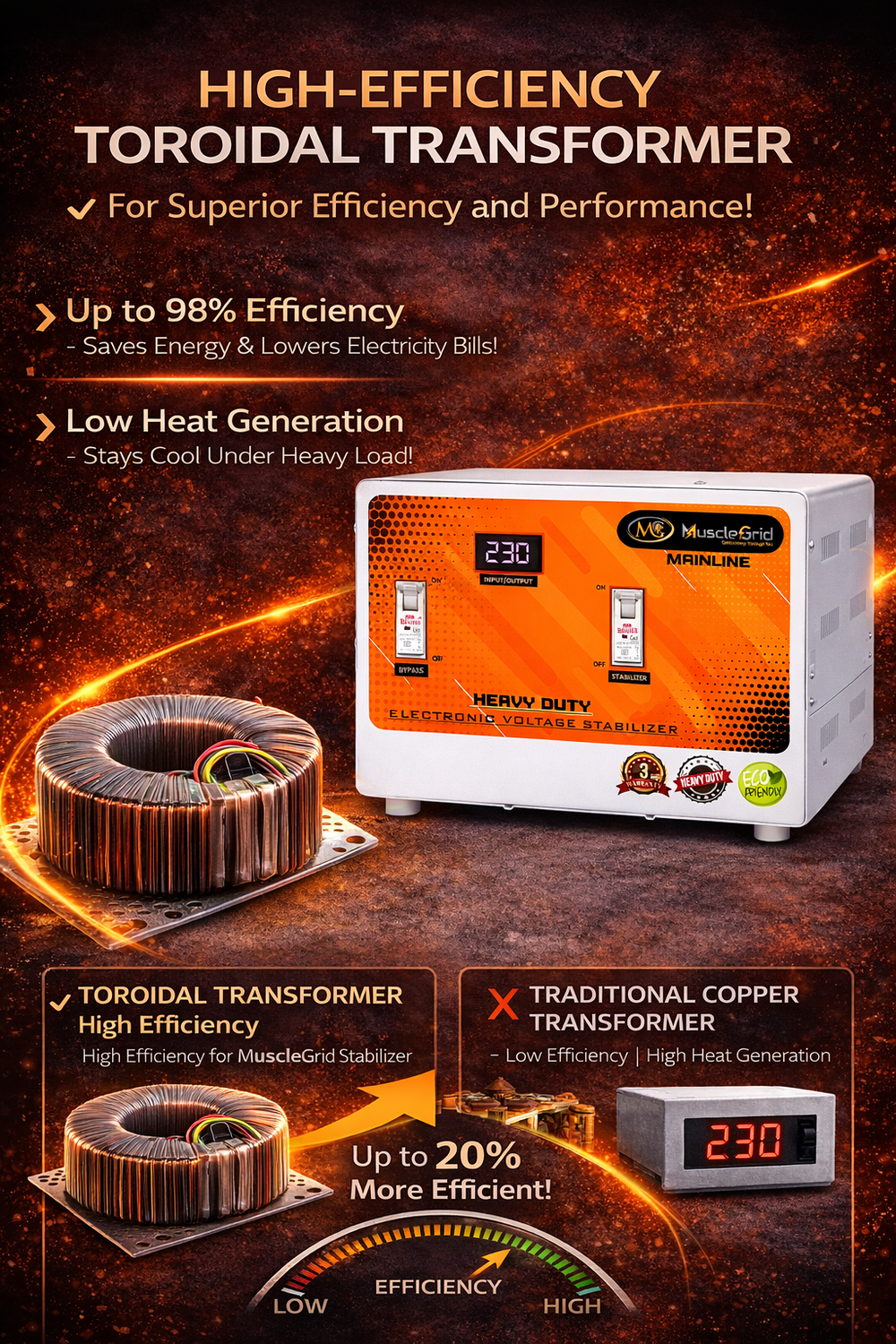MuscleGrid 10KVA Heavy Duty Floor Mount Mainline Voltage Stabilizer (50V–270V) | Wide Range | Whole House Protection