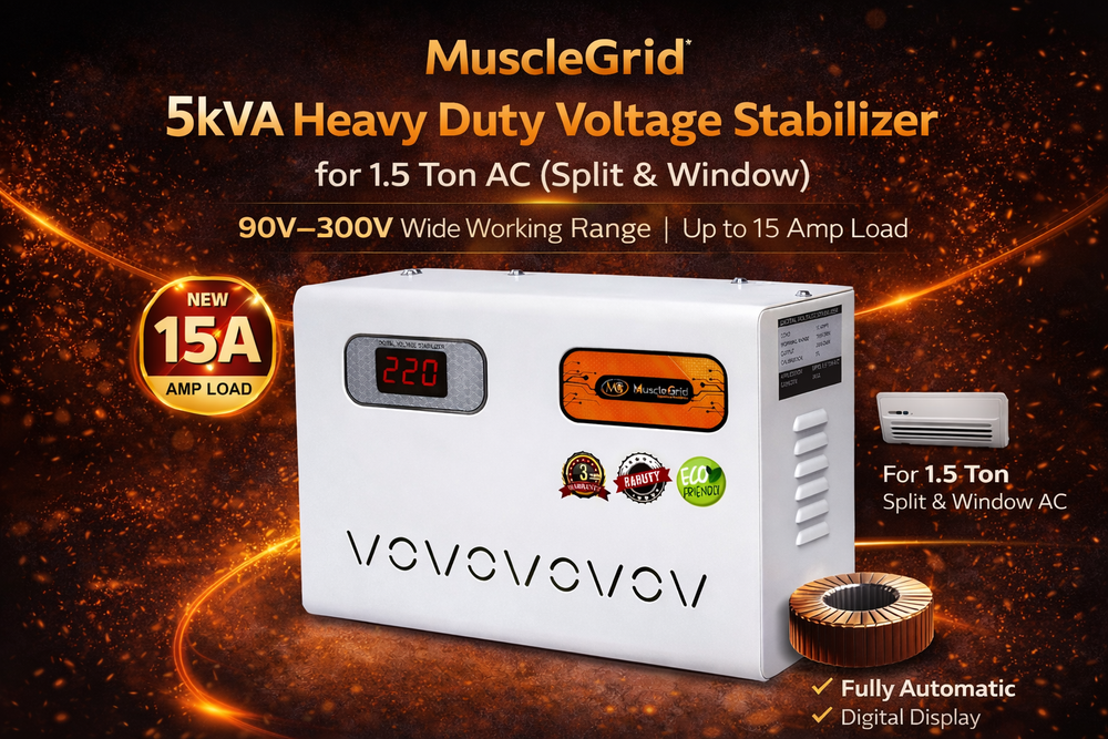 MuscleGrid 4KVA AC Stabilizer (130V–280V) | Up to 1.5 Ton | Digital Display | Wall Mount | Heavy Duty Voltage Stabilizer