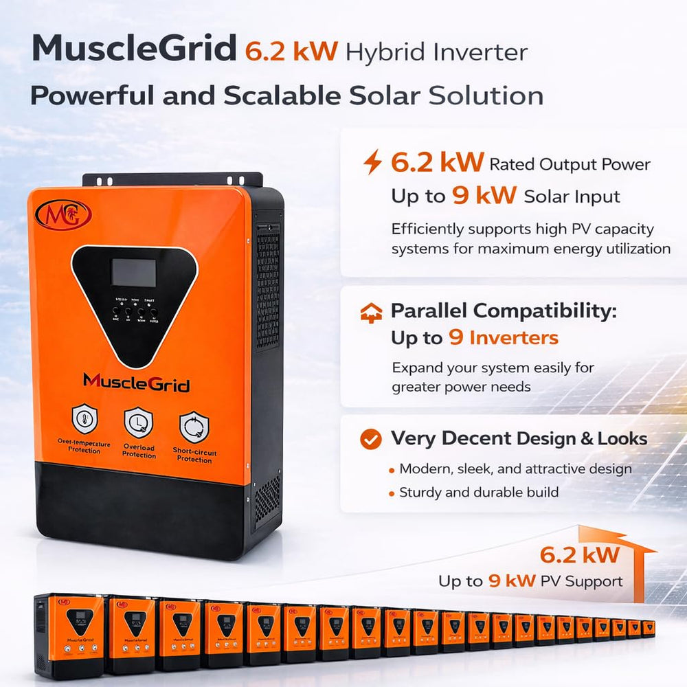 MuscleGrid Titan Series 6.2kW Hybrid Solar Inverter | 48V System | 120A Battery Charger | 27A PV Input | Up to 9kW Solar Support | Parallel up to 9 Inverters | WiFi Monitoring | VoltDoctor Support App