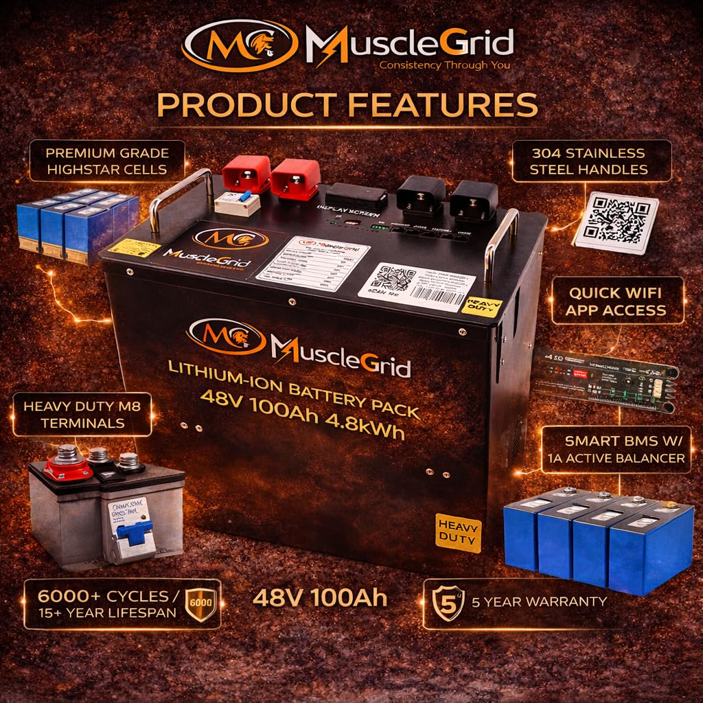 48V 100Ah Lithium Battery | LiFePO4 Solar Battery with Smart BMS, 6000+ Cycles, RS485 & CAN Communication, Home Solar & Inverter Backup