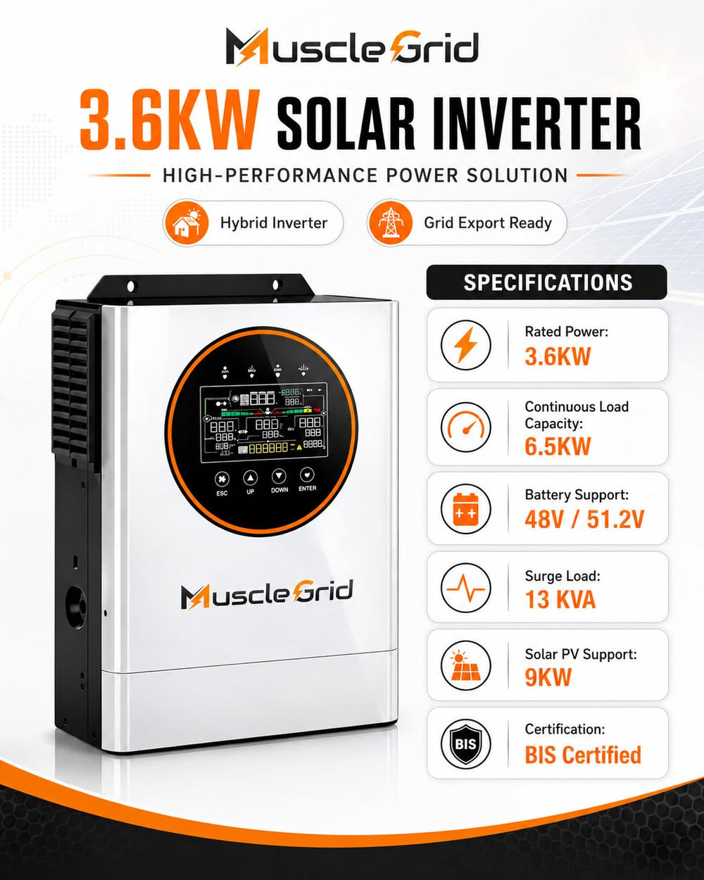 3KW Focus Series Hybrid Solar Inverter with 6.5 KW Continuous Load 48V/51.2V Batt Sup Upto 800Ah, 13KVA Surge, 9KW PV Input, Net Metering, BIS Certified SPGS