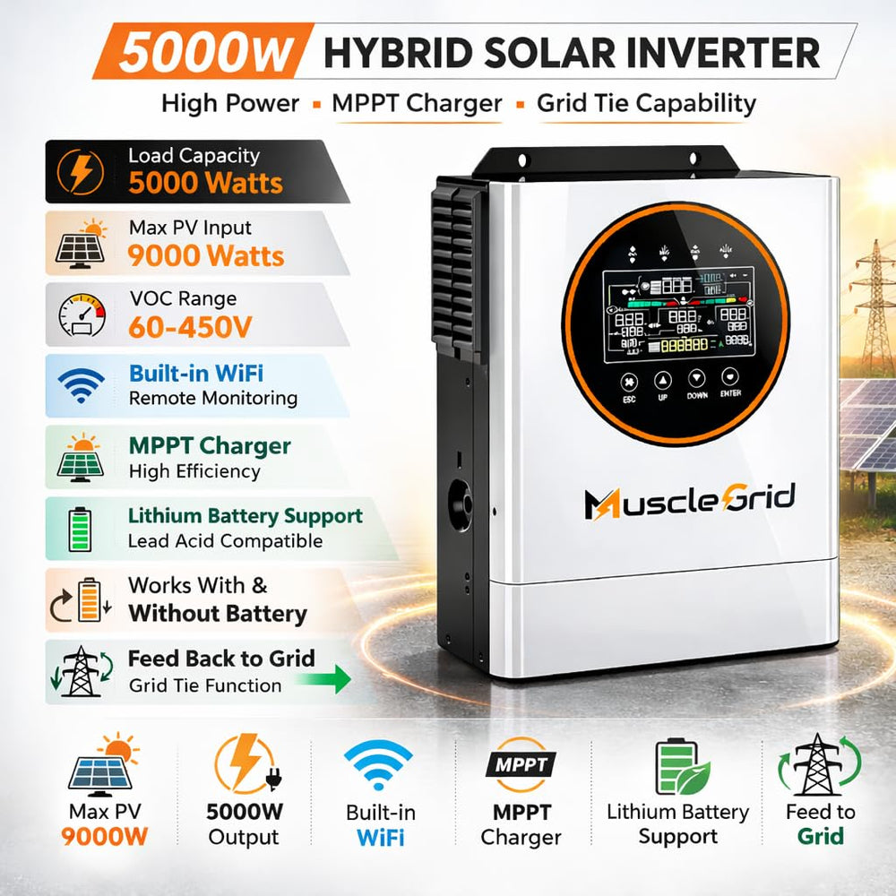 5000W Solar Inverter 24V | 5kW Hybrid MPPT Inverter | 9000W PV Input | WiFi Monitoring | Lithium Battery Compatible | Grid Ready | Model MGH0548