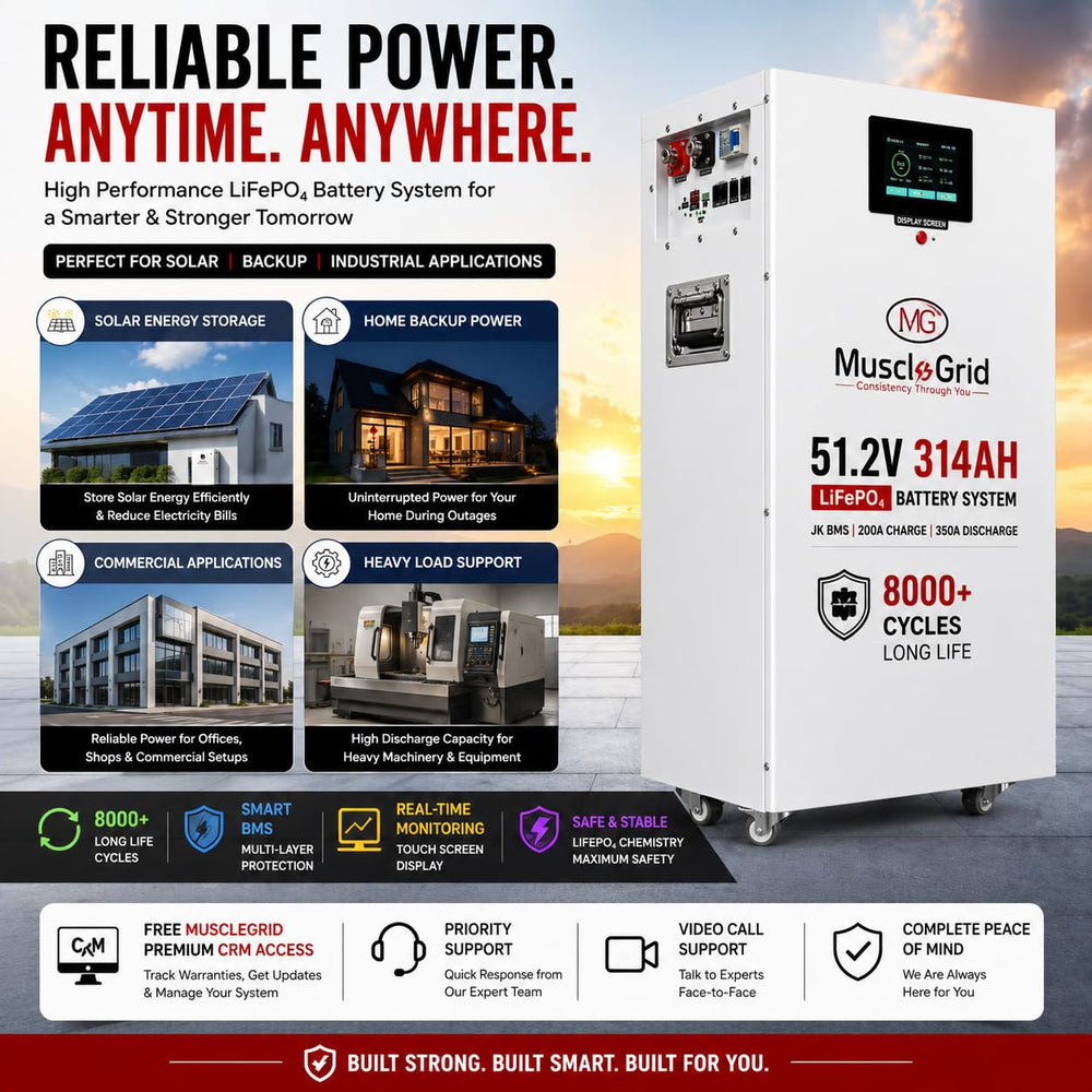 MuscleGrid 51.2V 314Ah LiFePO4 Battery Pack with JK BMS | 200A Charge / 350A Discharge | Touch Screen Display | 8000 Cycles | Smart CRM Monitoring | Energy Storage System