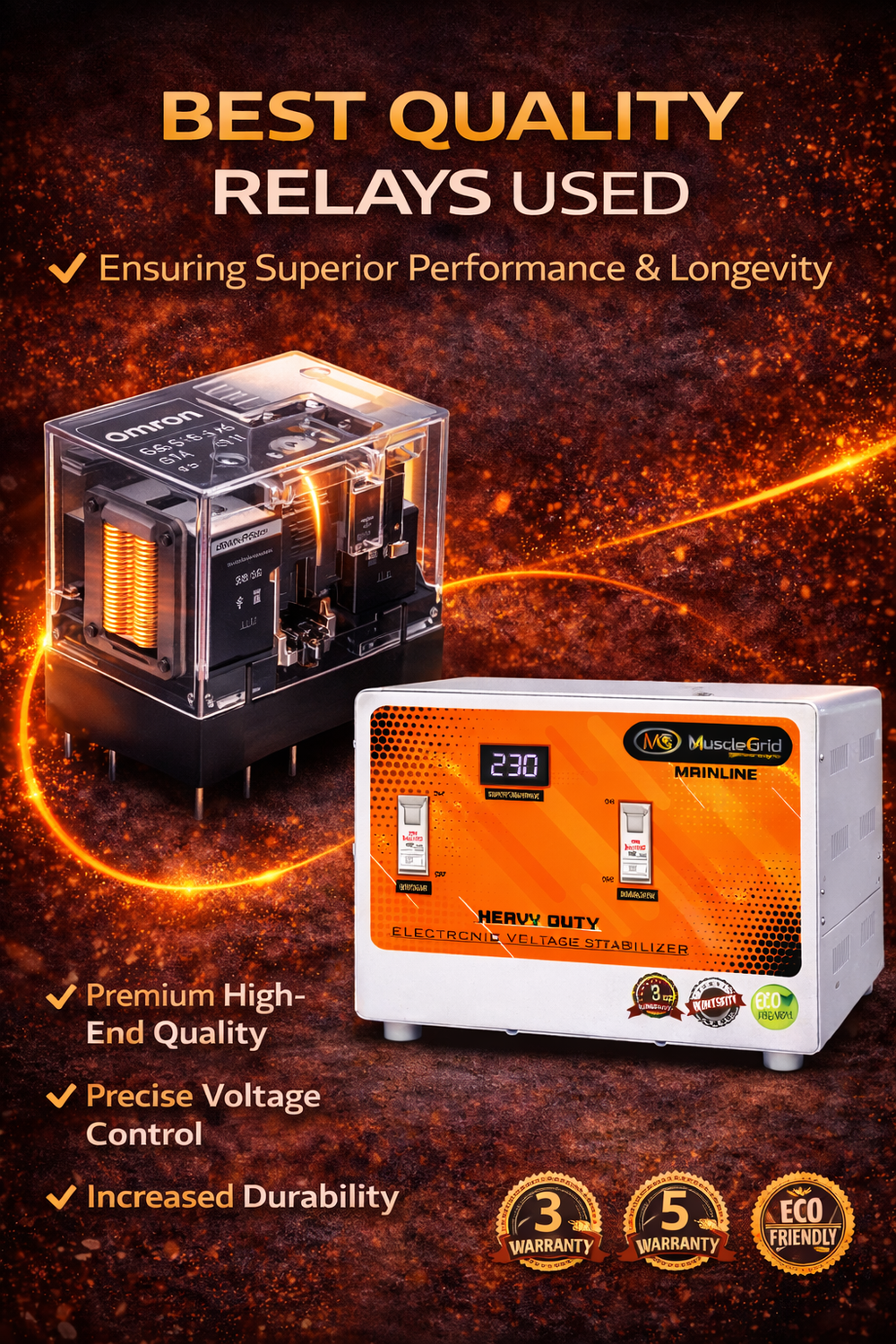 MuscleGrid 10KVA Double Phase Mainline Stabilizer (90V–500V) | Heavy Duty Voltage Regulator | Whole House Protection | IC Controlled