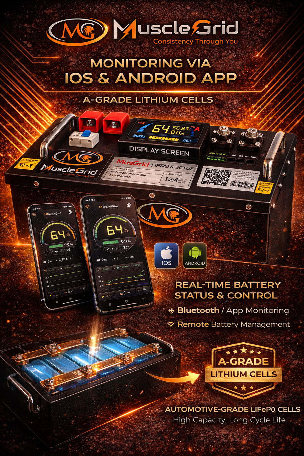 Thunder Pro 51.2V 100Ah LiFePO4 Smart Battery with Display Screen, Active Balancing, Heavy-Duty Design