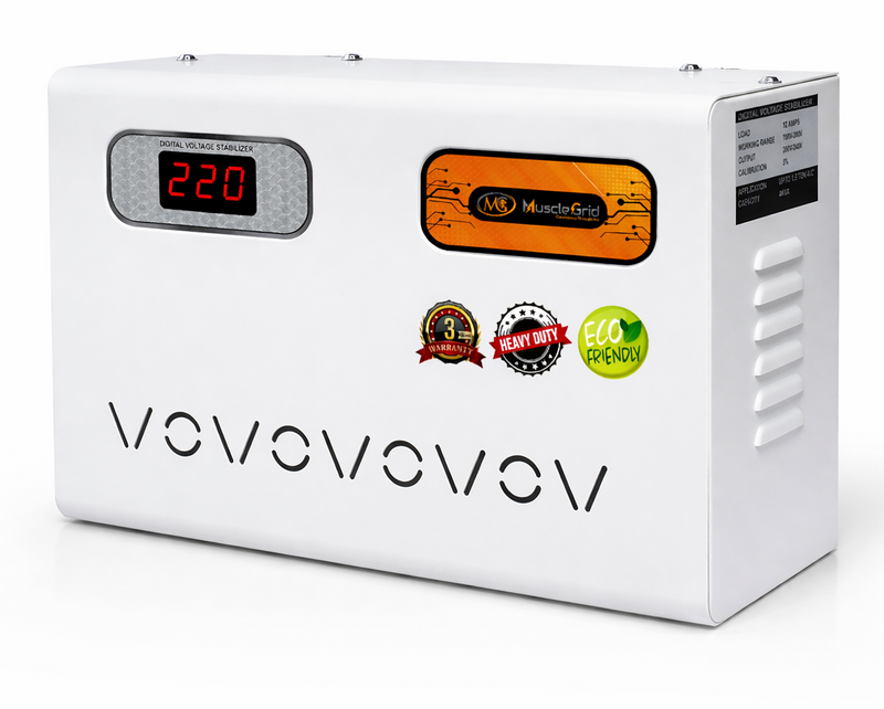 MuscleGrid 5KVA AC Stabilizer (90V–300V) | Up to 2 Ton AC | Digital Display | Wall Mount | Heavy Duty Voltage Stabilizer