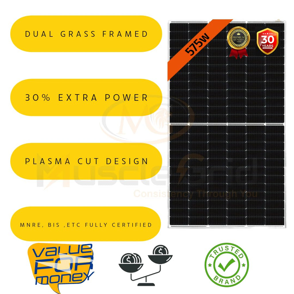 MuscleGrid Plasma (Heavy Duty) Solar Panel 575 Watt (Pack of 4) Halfcut 24 Volts 144 Cells Framed Dual Glass Mono PERC Bifacial Solar Panels Commercial Grade (16 Panels (9200W))