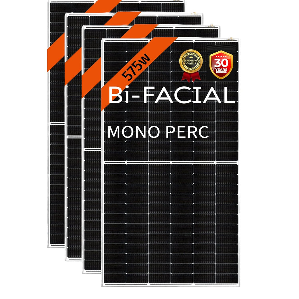 MuscleGrid Plasma (Heavy Duty) Solar Panel 575 Watt (Pack of 4) Halfcut 24 Volts 144 Cells Framed Dual Glass Mono PERC Bifacial Solar Panels Commercial Grade (16 Panels (9200W))